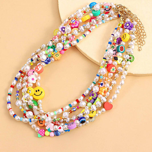Collar de perlas de moda con colgante de fruta de dibujos animados, diseño de carita sonriente de arcilla blanda, cadena de cordón ajustable para mujer