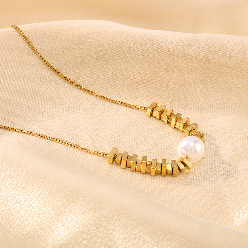 Ins Style Geometric Gold Block Pearl Pendant 18K Gold Plated Titanium Steel O-Chain Necklace for Women