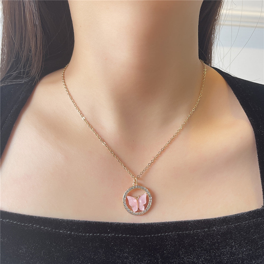 Sweet Rhinestone Inlaid Acrylic Alloy Butterfly Necklace