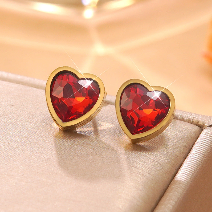 Elegant Gold Plated Stainless Steel Heart Cubic Zirconia Stud Earrings
