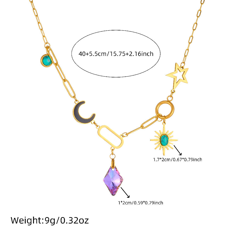 Elegant Purple Diamond-Cut Eight-Pointed Star and Moon Teardrop Pendant Plated Stainless Steel Necklace for Women