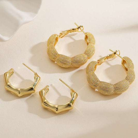 Vintage Minimalist Geometric Gold Plated Brass Hoop Earrings for Women