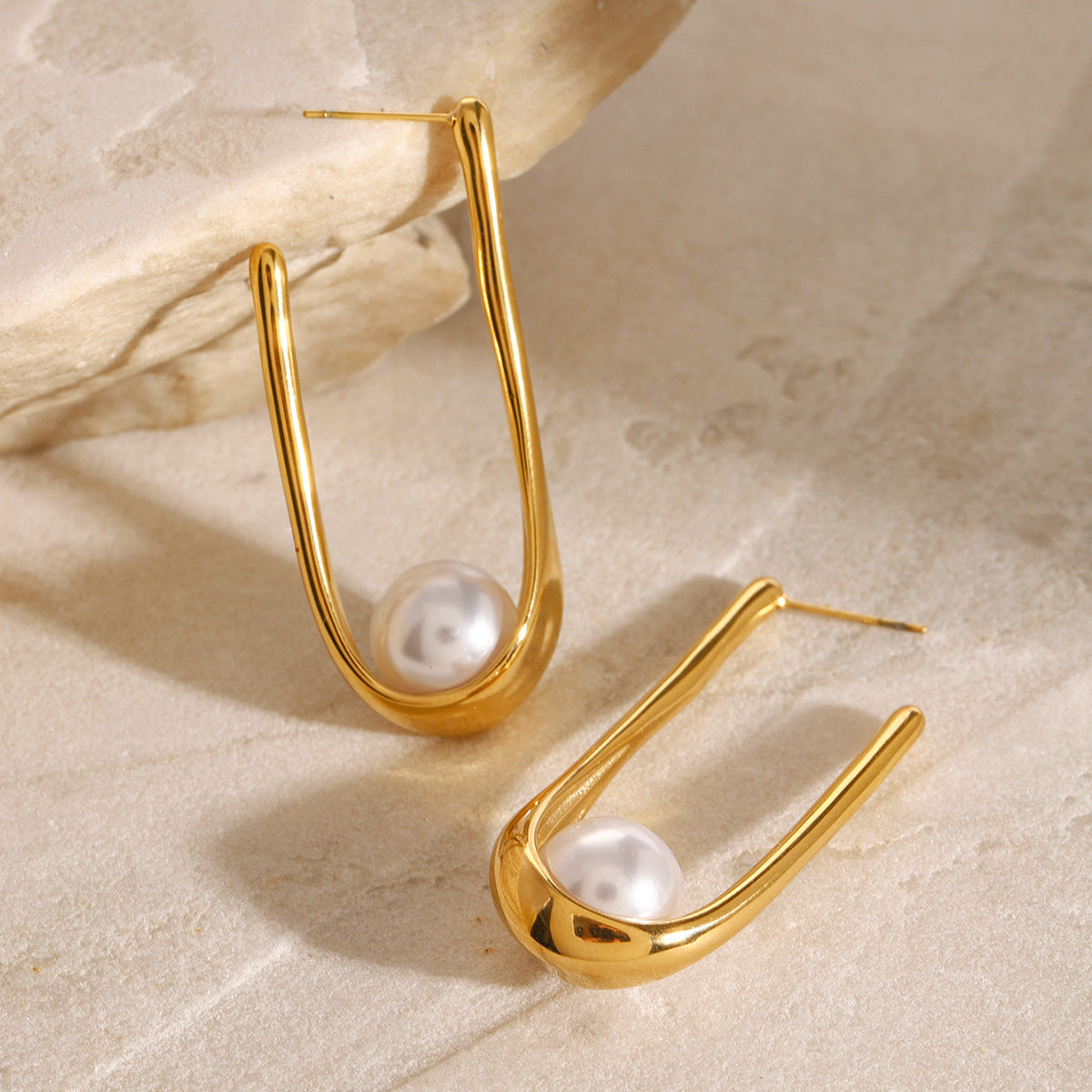 Geometric Plated Stainless Steel Pearl Earrings for Women