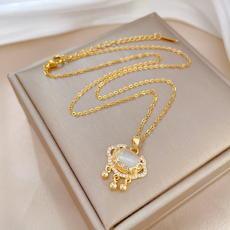 Luxury Minimalist Titanium Steel Geometric Longevity Lock Necklace with Cloud and Ruyi Motifs
