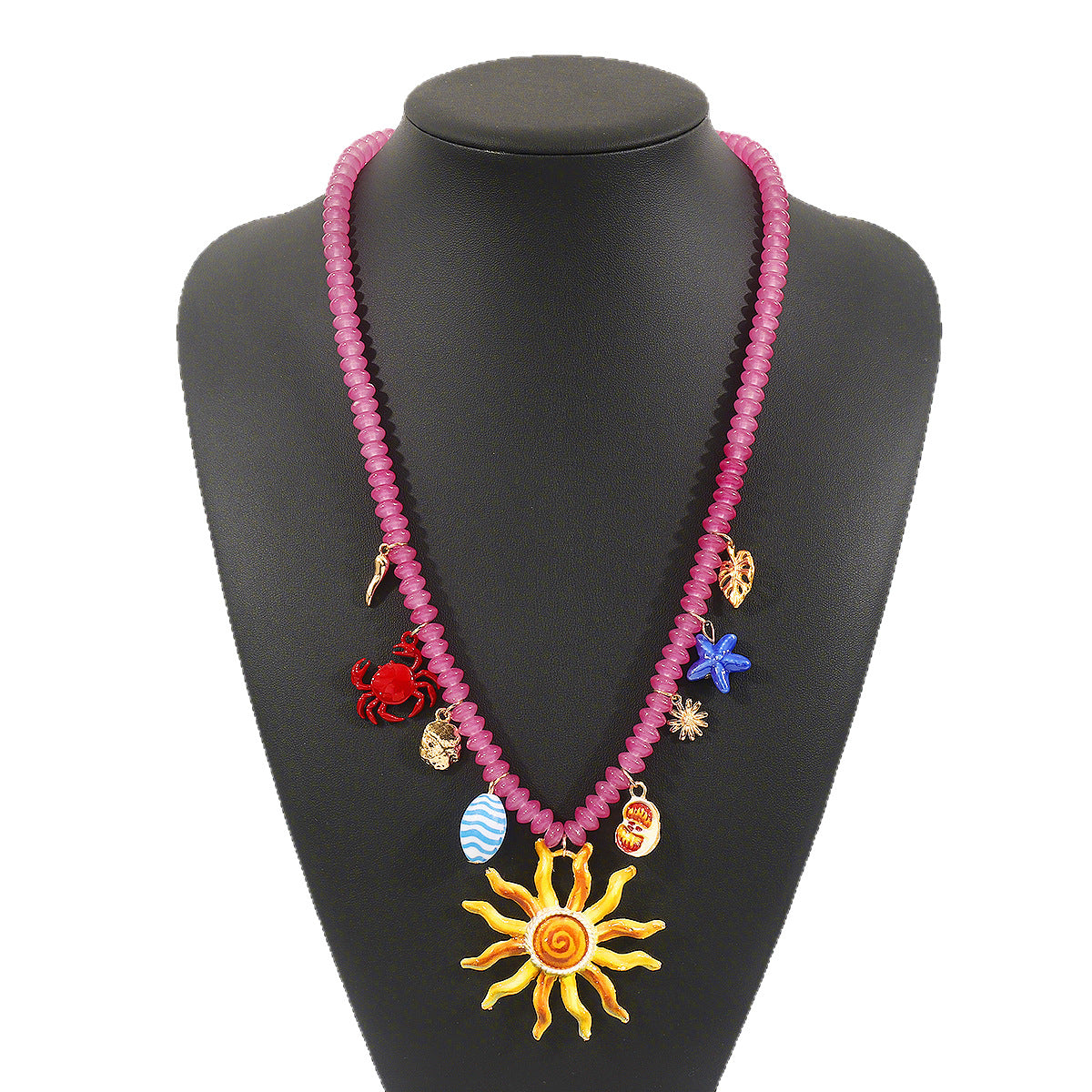Collar de mujer estilo bohemio con cuentas en forma de corazón y estrella de mar, con esmalte y colgante de aleación en cadena estándar