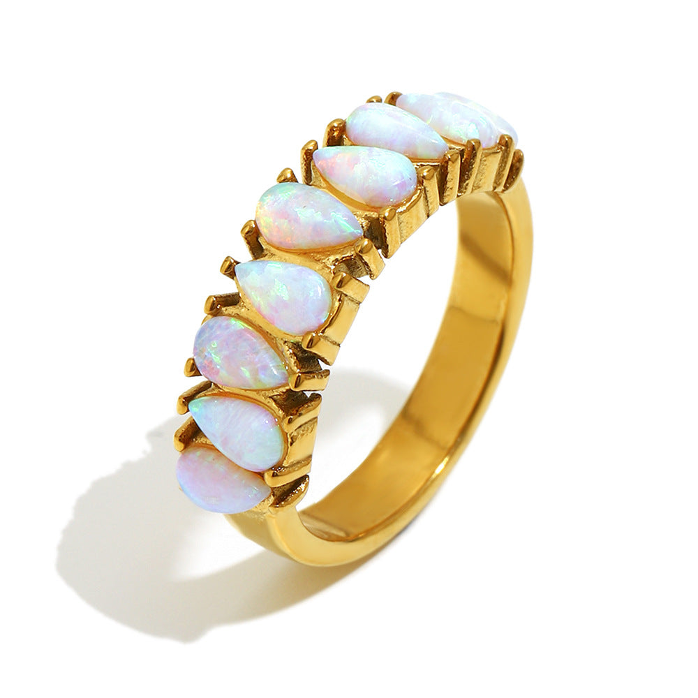 Anello da donna minimalista geometrico in acciaio inossidabile placcato oro 18 carati di lusso con opale australiano