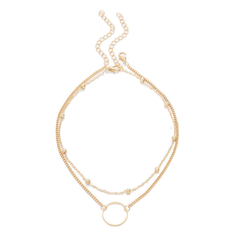 Minimalist Sweet Geometric Round Alloy Plated Pendant Double Layer Ball Chain Necklace for Women