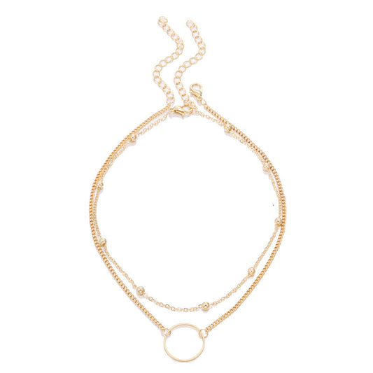 Minimalist Sweet Geometric Round Alloy Plated Pendant Double Layer Ball Chain Necklace for Women