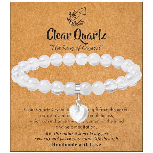 Minimalist 8mm Crystal Beaded Bracelet with Heart Pendant Polished Rose Quartz Rhodonite Elastic String