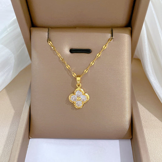 Luxury Titanium Steel Clavicle Chain Necklace with Four-Leaf Clover Pendant for Women