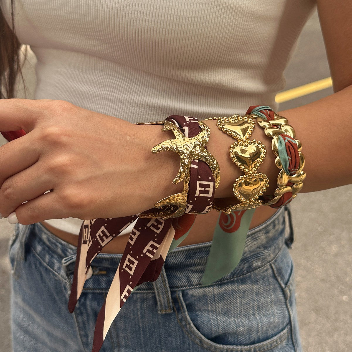 Fashion Stainless Steel Plated Starfish Heart Cuff Bracelet for Women
