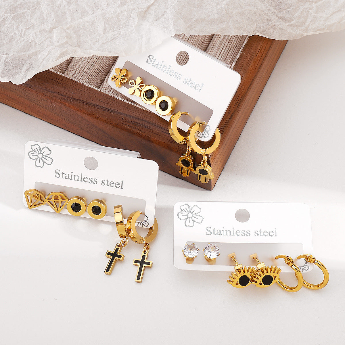 Ethnic Vintage Style Geometric Stainless Steel Earrings Set with Eye Motif and Enamel Finish