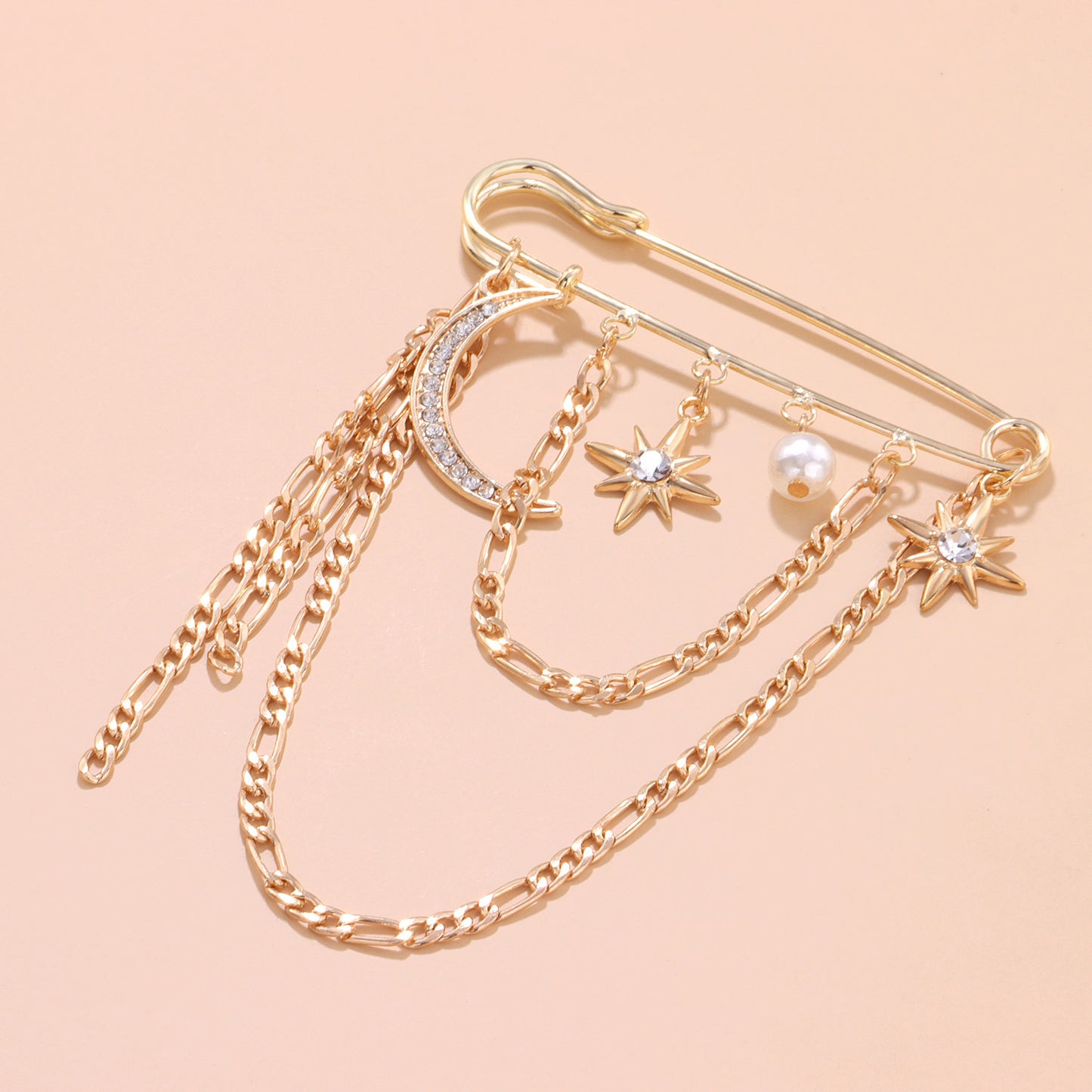 Luxury Star-Shaped Brooch for Women, Alloy Plated Jewelry with Chain Accent, Elegant Fashion Accessory