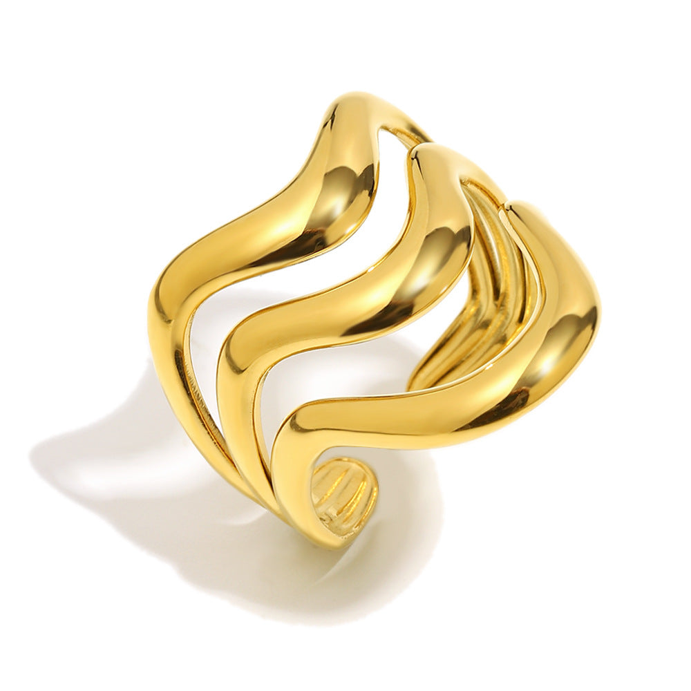 Anello da donna minimalista regolabile placcato oro 18 carati con onda in acciaio inossidabile