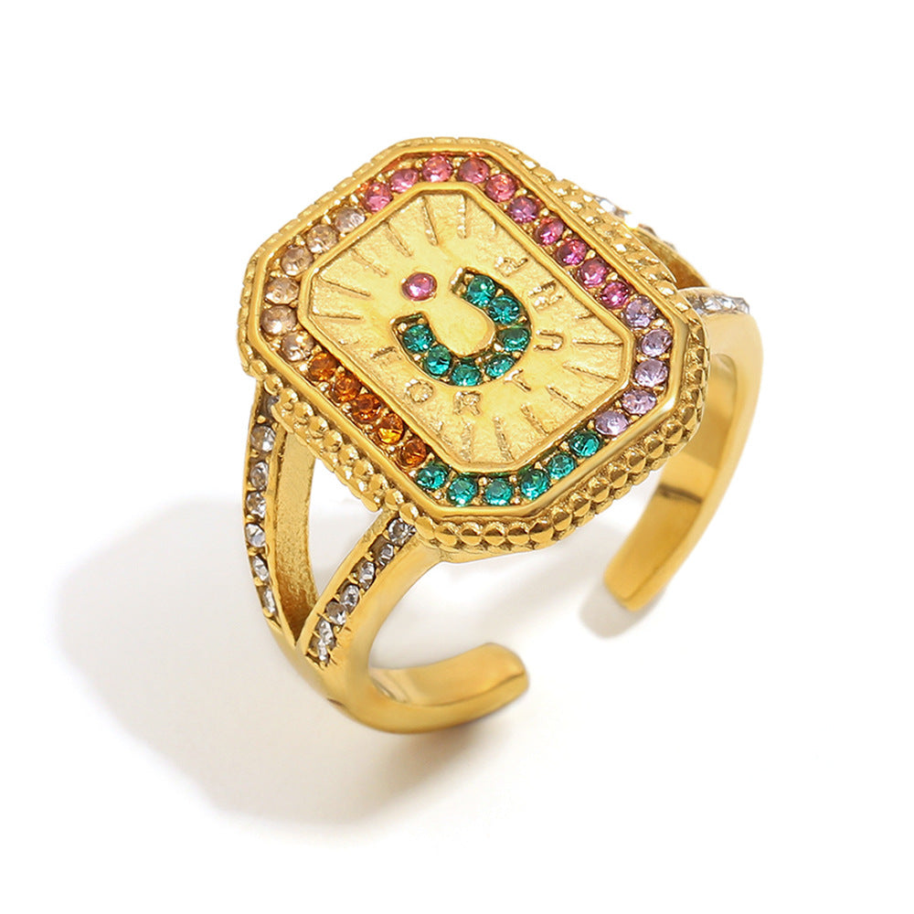Anello da donna in acciaio inossidabile con placcatura in oro 18 carati e finitura smaltata, stile geometrico francese vintage
