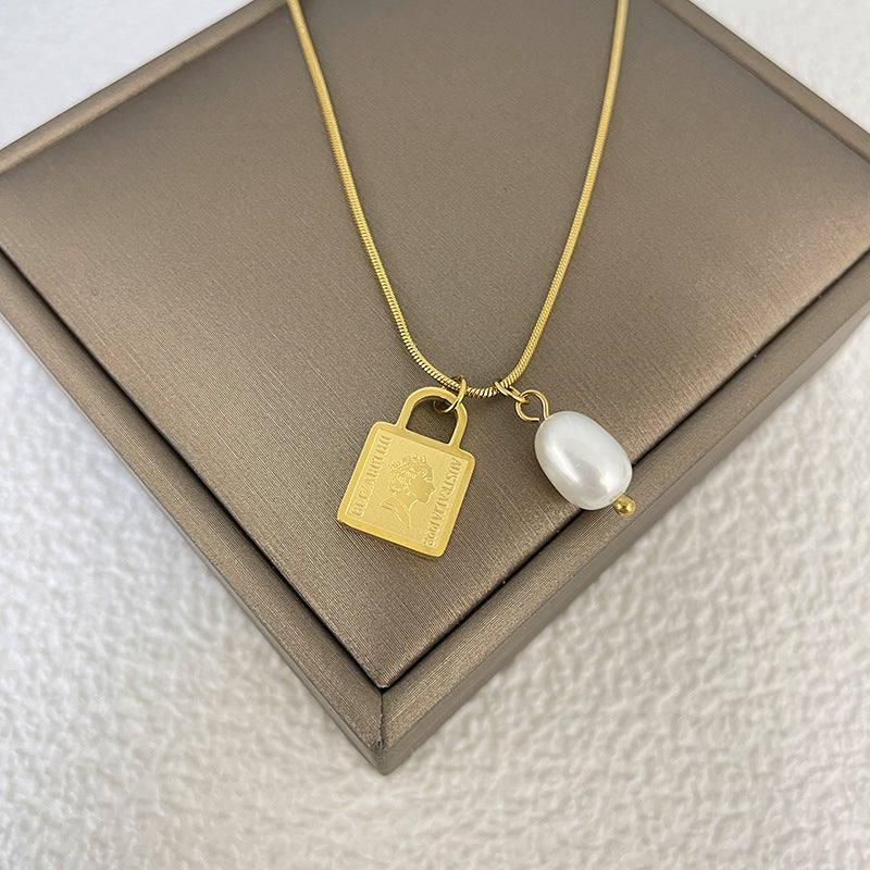 Minimalist Geometric Stainless Steel Pendant Necklace for Women with Snake Chain and Lucky Lock Design