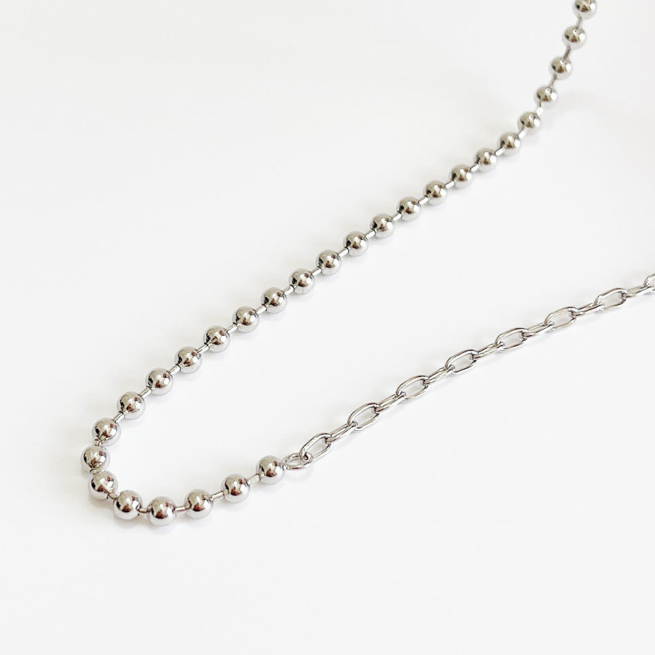 Minimalist 925 Sterling Silver Asymmetric Beaded Choker Necklace with Round Geometric Design