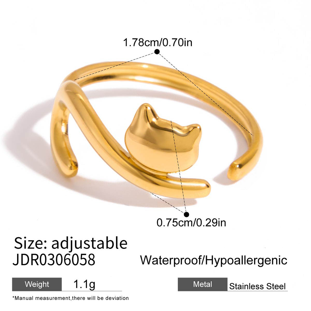 Anello a forma di gatto in acciaio al titanio geometrico con intarsio in zirconia per donna, anello di lusso placcato in oro PVD sottovuoto