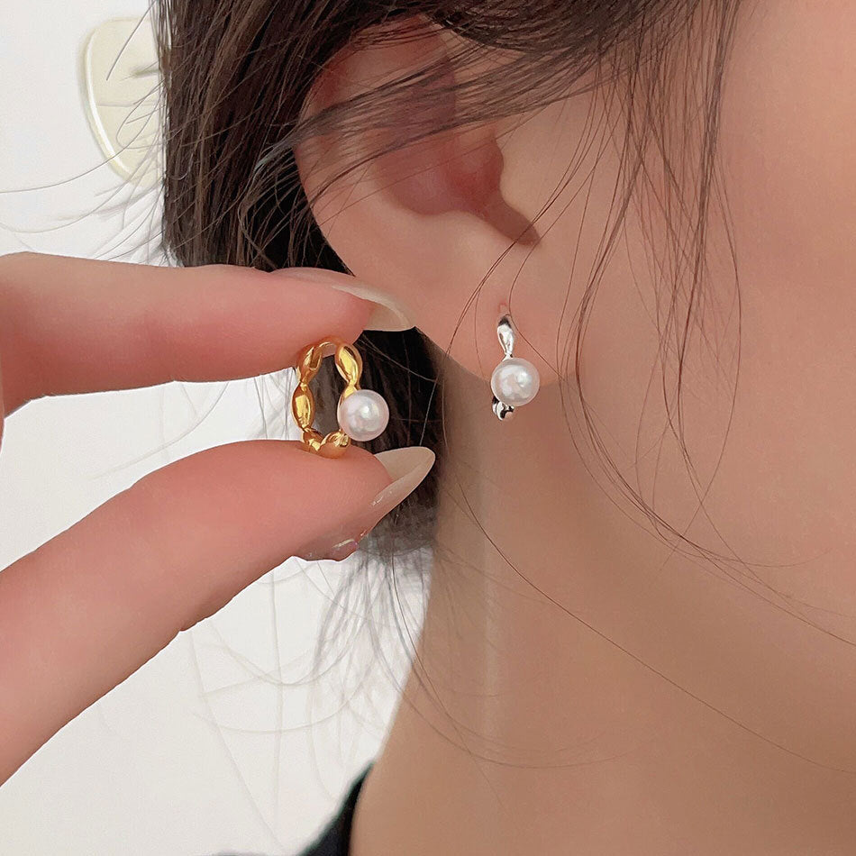 Minimalist Geometric Letter-Shaped 925 Sterling Silver Stud Earrings with Rounded Square Beads