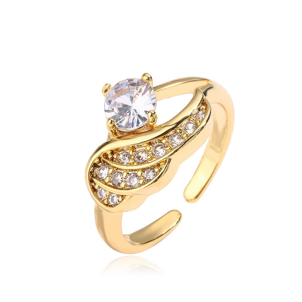 Anello da donna minimalista geometrico a forma di ala in rame con zirconia a micro-pavé