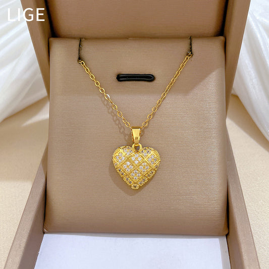 Sweet Minimalist Geometric Heart Rhinestone Titanium Steel Necklace for Unisex