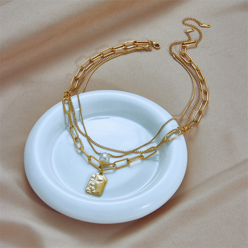 Vintage Fashion Geometric Titanium Steel Plated Necklace with Pearl and Face Pendant for Women