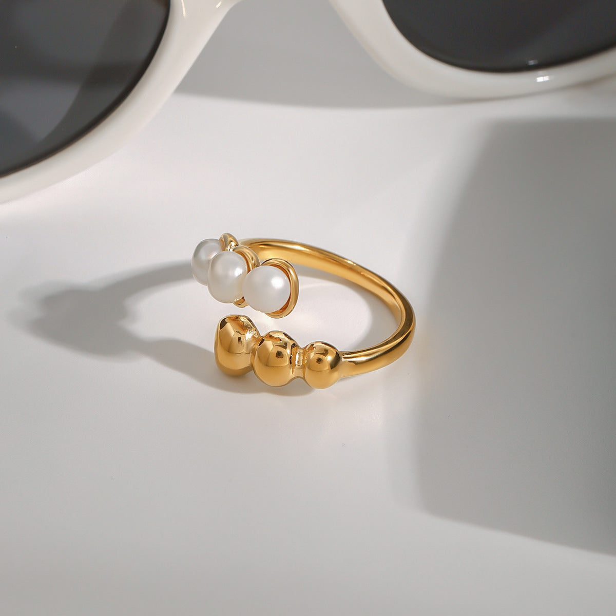 Geometric Plated Stainless Steel Pearl Ring for Women