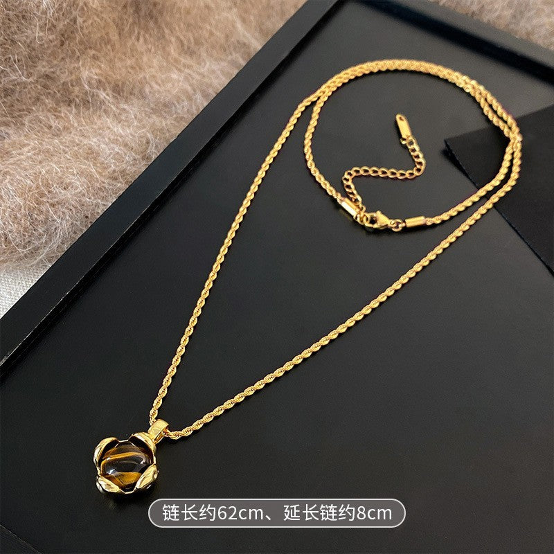 Collana con Ciondolo Vintage a Occhio di Tigre Geometrico Placcata Oro 18K Lunga per Maglione da Donna