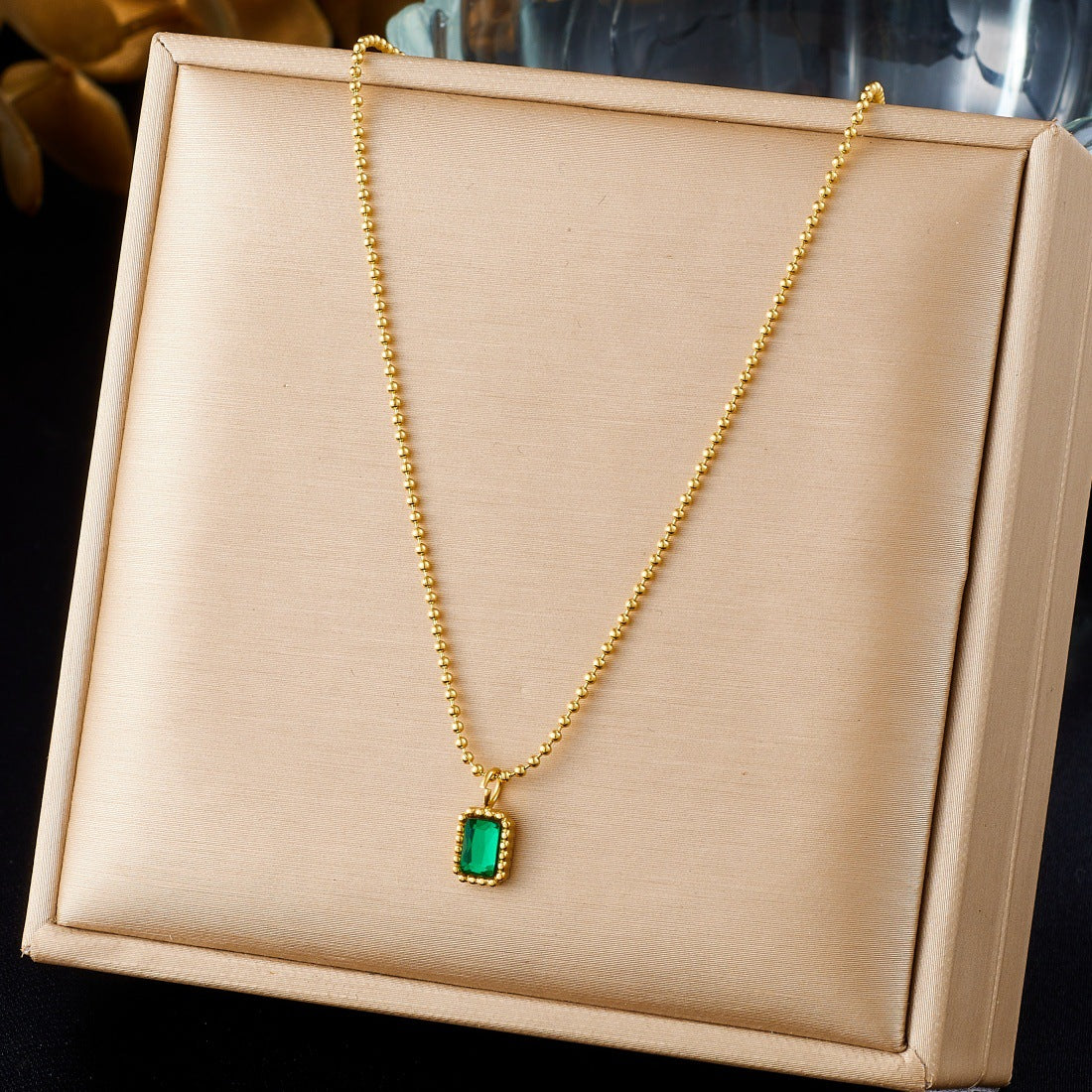 Vintage Gold Plated Square Geometric Cubic Zirconia Stainless Steel Ball Chain Necklace for Women