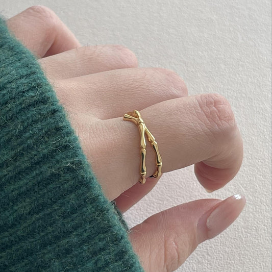 Anillo abierto minimalista dulce de bambú de plata de ley 925 para mujer