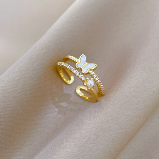 Sweet Minimalist Gold Plated Brass Butterfly Rhinestone Adjustable Ring for Women and Couples