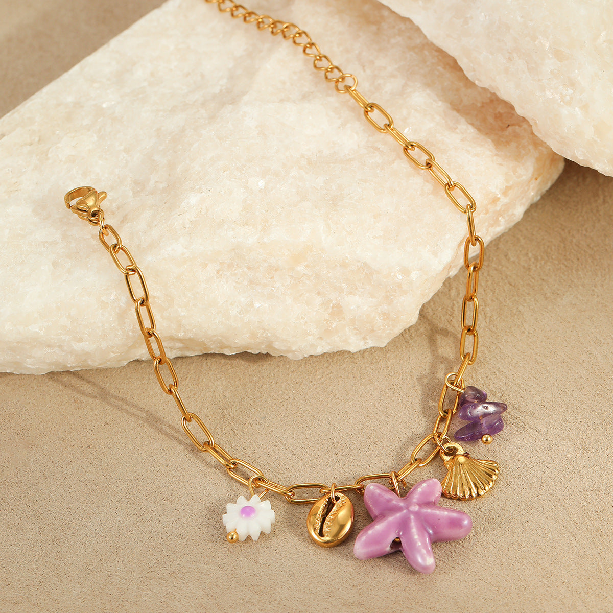 Fashionable Ocean-Themed Titanium Steel Bracelet with Starfish Shell Motifs for Women Electroplated Stainless Steel Geometric Jewelry