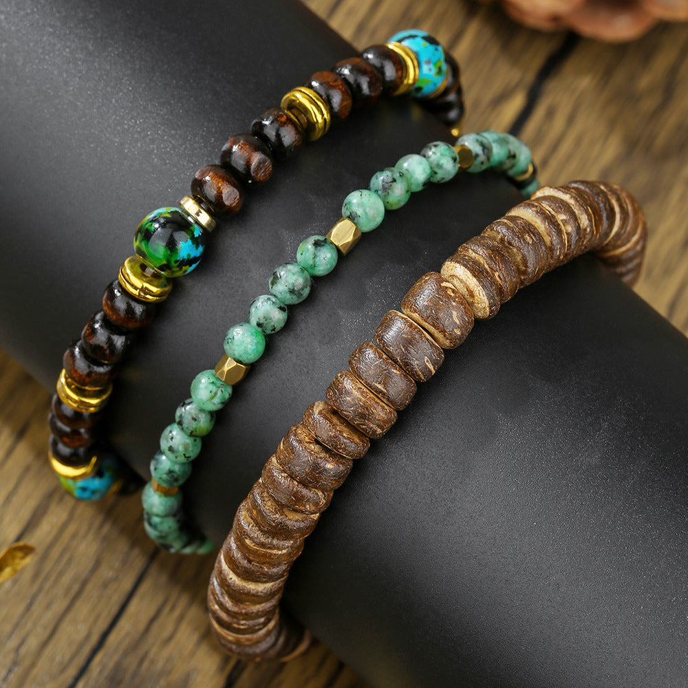 Natural Wood Bead Turquoise Coconut Shell Elastic Bracelet DIY Charm Bar Set