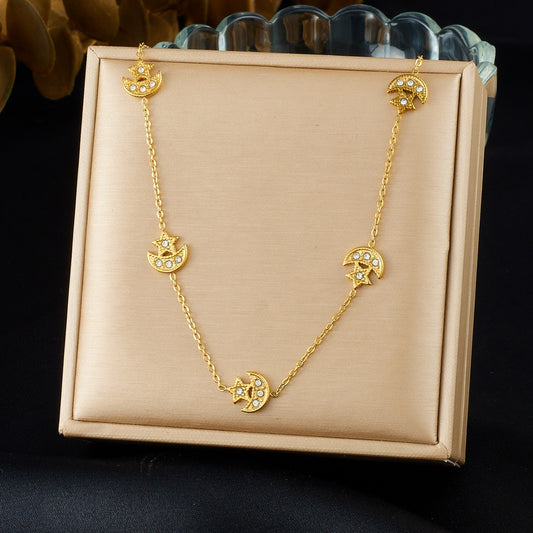 Minimalist Gold Plated Stainless Steel Star Moon Rhinestone Pendant Jewelry Set for Women
