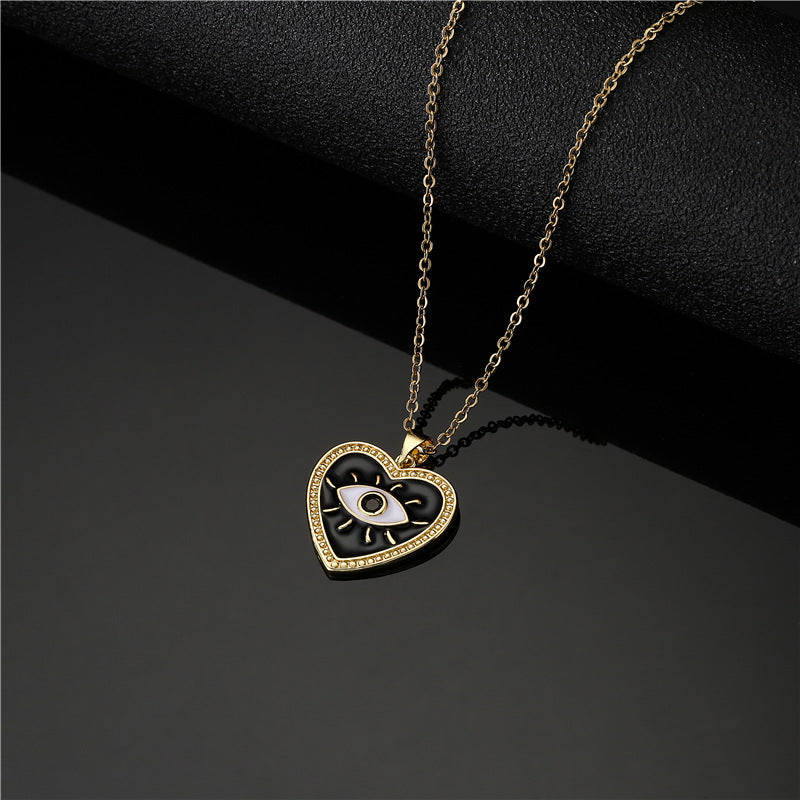 Fashion Heart Eye Geometric Drip Oil Gold Plated Brass Pendant Necklace for Women with Cable Chain