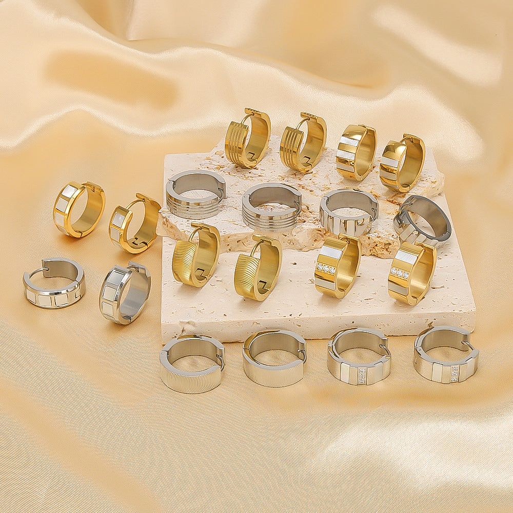 Minimalist Geometric Stainless Steel Hoop Earrings with Zircon Inlay and 18K Gold Vacuum Plating for Women