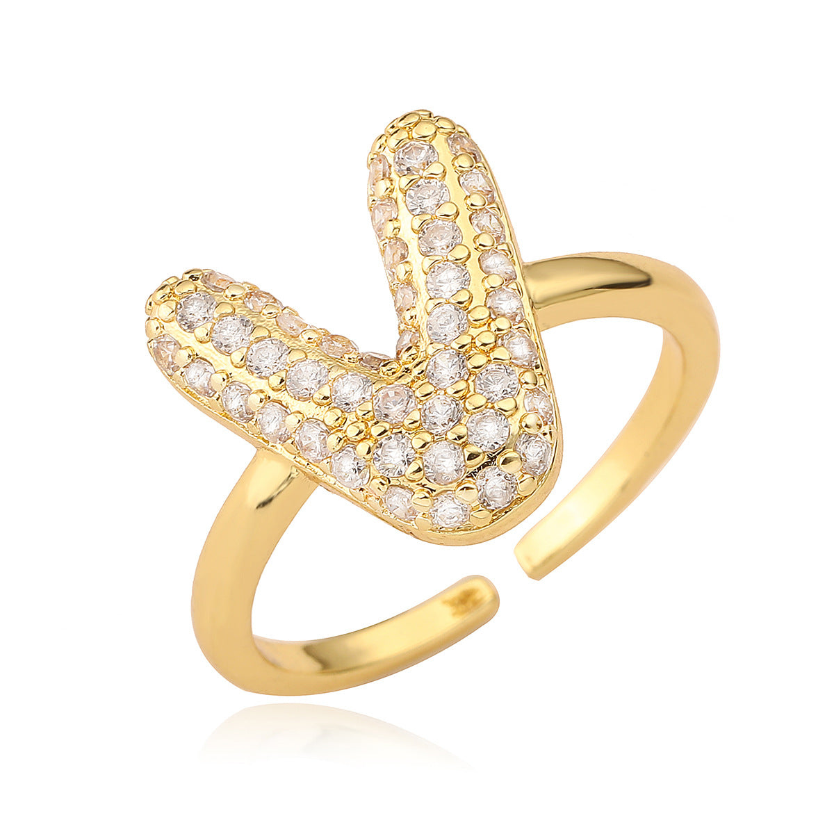 Anillo de cobre minimalista de forma geométrica con letras, chapado en oro de 18K y detalles de circonita para mujer