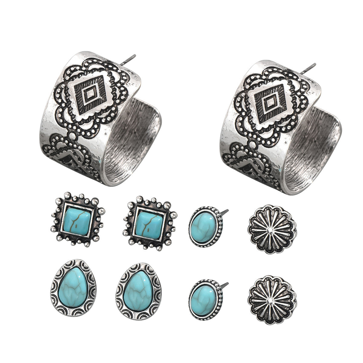 Orecchini da donna in lega in stile corte, geometrici, artistici vintage con micro-pavé di pietre turchesi