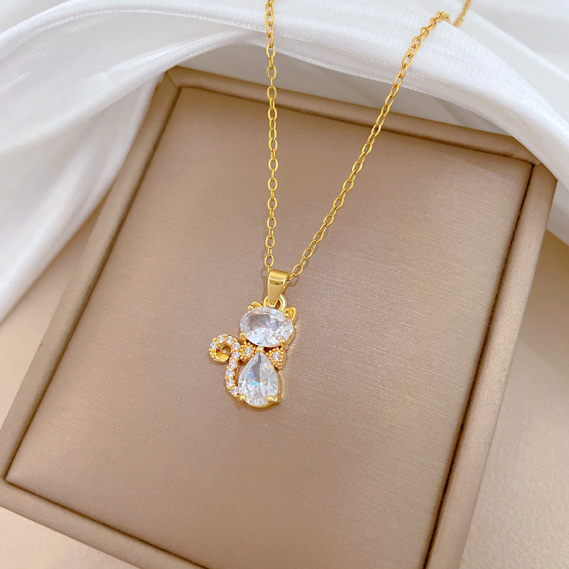 Sweet Luxury Cat Shape Cubic Zirconia Inlay Titanium Steel Necklace for Unisex