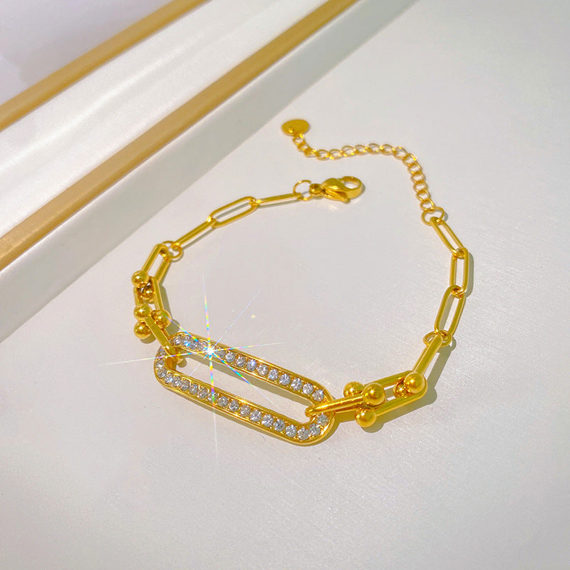 Minimalist Geometric Micro-Inlaid Cubic Zirconia Titanium Steel Paperclip Horseshoe Clasp Chain Bracelet