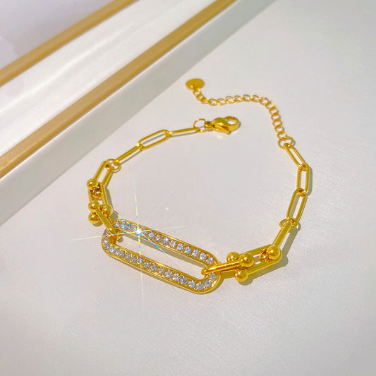 Minimalist Geometric Micro-Inlaid Cubic Zirconia Titanium Steel Paperclip Horseshoe Clasp Chain Bracelet