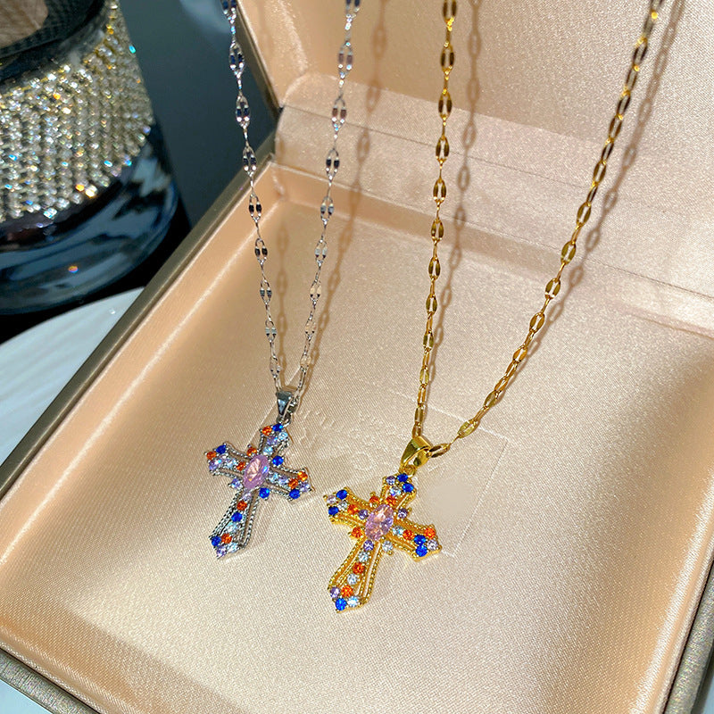 Minimalist Colorful Rhinestone Cross Titanium Steel Necklace for Unisex