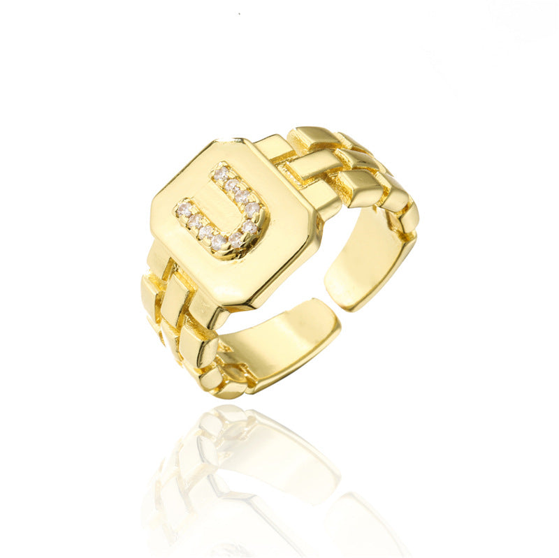 Minimalist Adjustable Open Ring with 18K Gold Plated Copper Band and AAA Zircon Letters Design