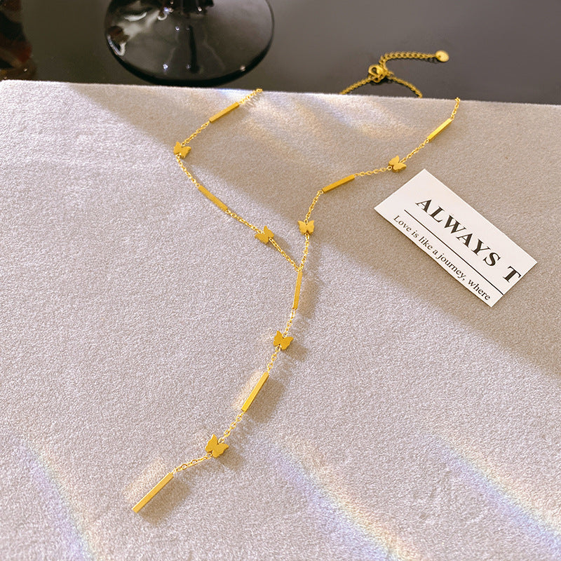 Sweet Mini Butterfly and Star Tassel Titanium Steel Necklace