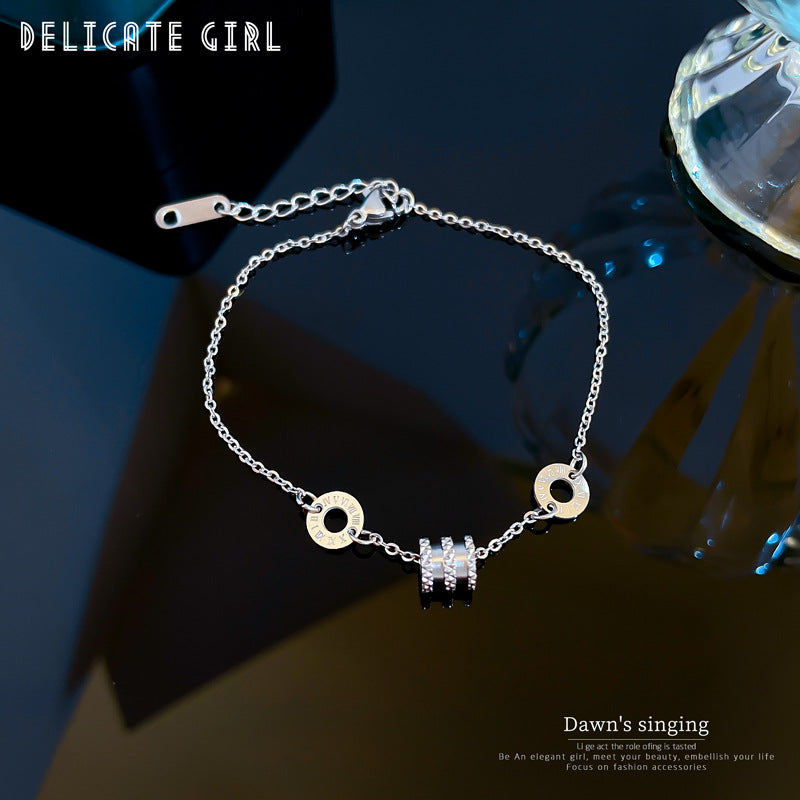 Vintage Korean Titanium Steel Letter Chain Bracelet for Women with Round Pendants and Wavy Bean-shaped Details