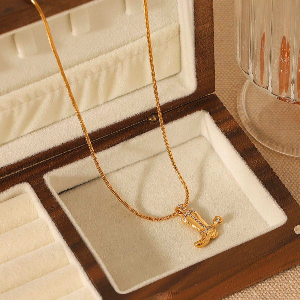Minimalist Geometric Cowboy Boot Pendant Necklace in Stainless Steel with Rhinestone Inlay on Snake Chain
