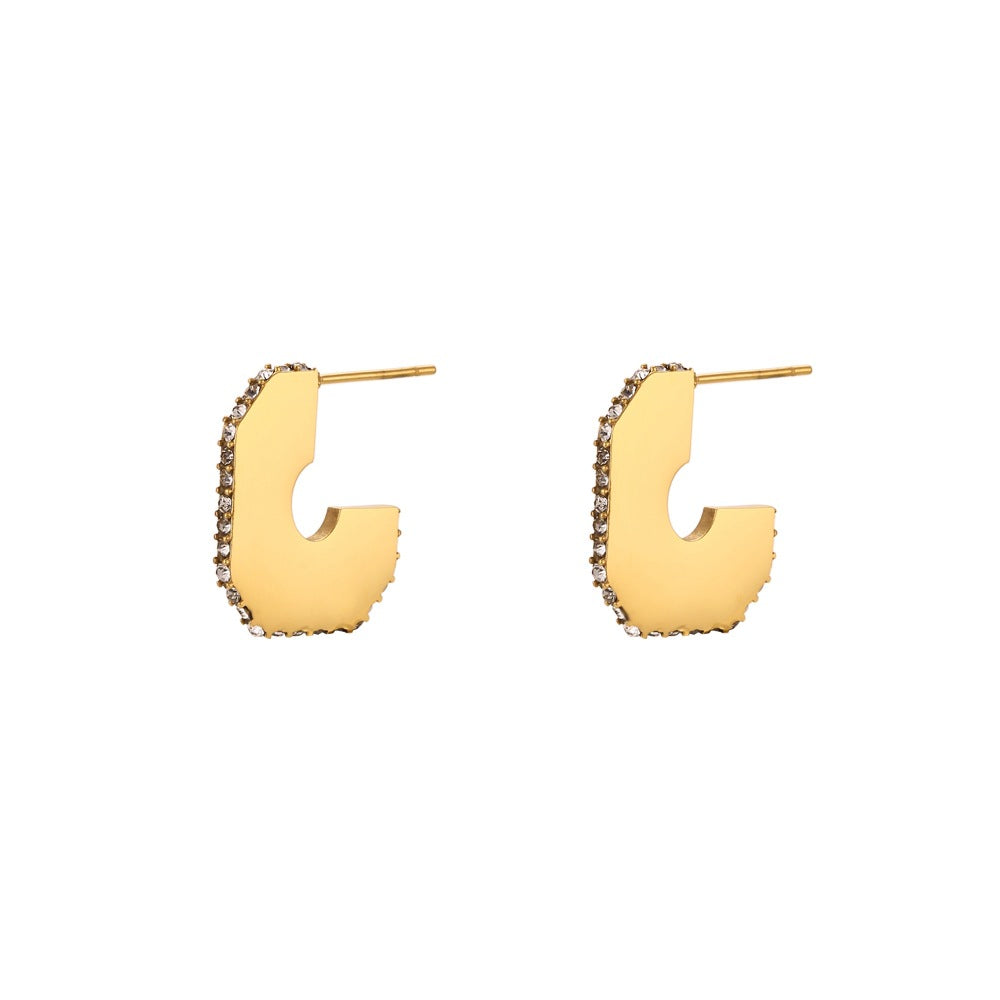 Orecchini geometrici in acciaio inossidabile alla moda con placcatura in oro 18 carati, design cavo a C micro-pavé da donna