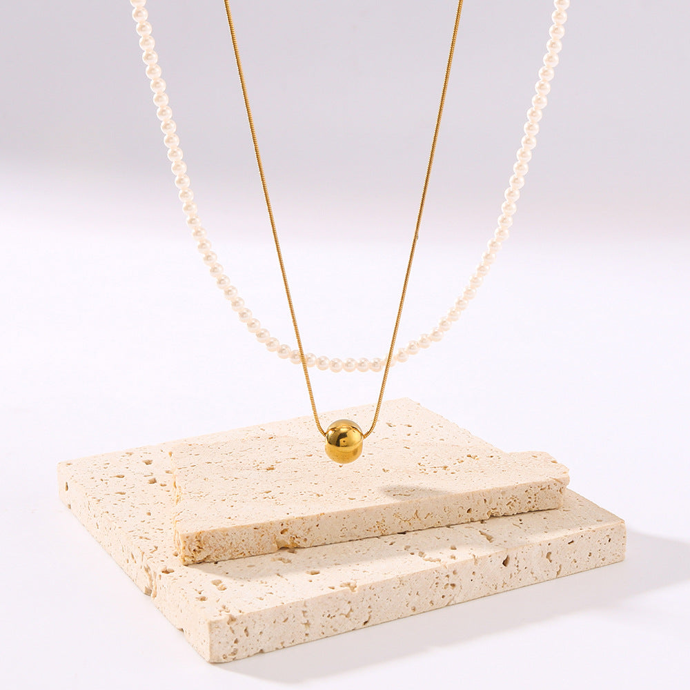 Minimalist Geometric Round Ball Pendant Necklace with 18K Gold Plating Stainless Steel Chain and Pearl Accent for Women