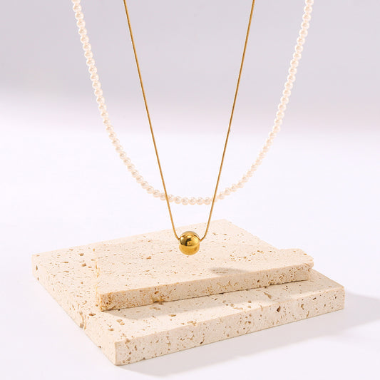 Collar minimalista geométrico con colgante de bola, chapado en oro de 18 quilates, cadena de acero inoxidable y detalle de perla para mujer