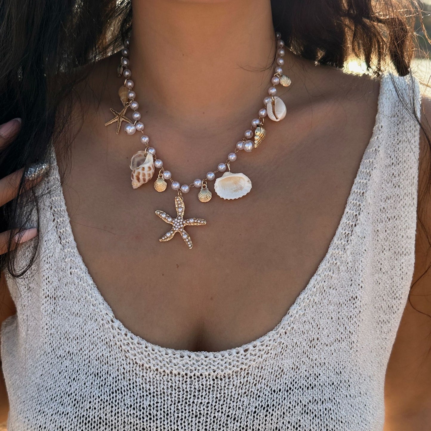 Collana Bohemien con Ciondolo in Lega a Concha e Stella Marina con Catena a Sfera per Donna